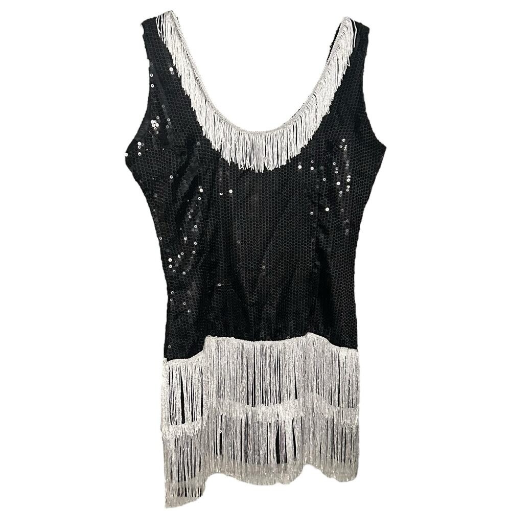 Black Sequined and White Fringed Flapper Halloween Costume Size M